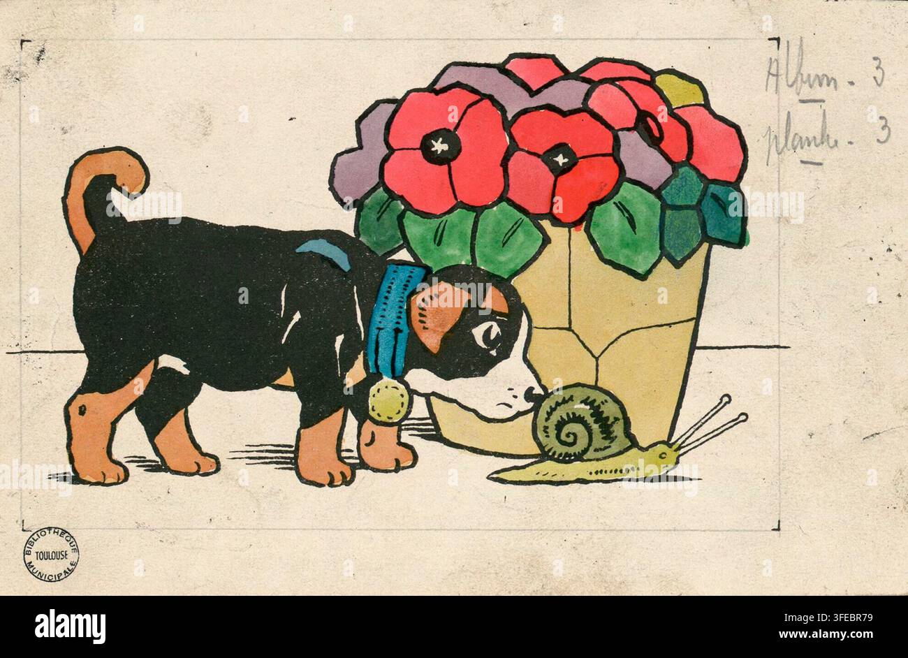 Un disegno del 1925 di vari soggetti tra cui un cane, un coniglio, un topo, verdure, una lumaca e un mazzo di fiori, disposti in una scena orizzontale con un animale nero e marrone accanto a un contenitore giallo di fiori rossi, viola e verdi. Foto Stock