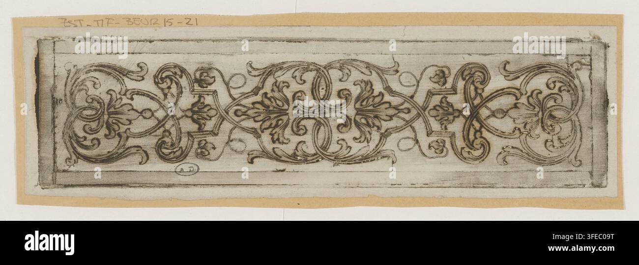 Un disegno del XIX secolo di un pannello rettangolare con un design simmetrico, caratterizzato da intrecci di volute, motivi floreali e forme geometriche, tipici dei Meubles Boulle e della marqueterie. Foto Stock