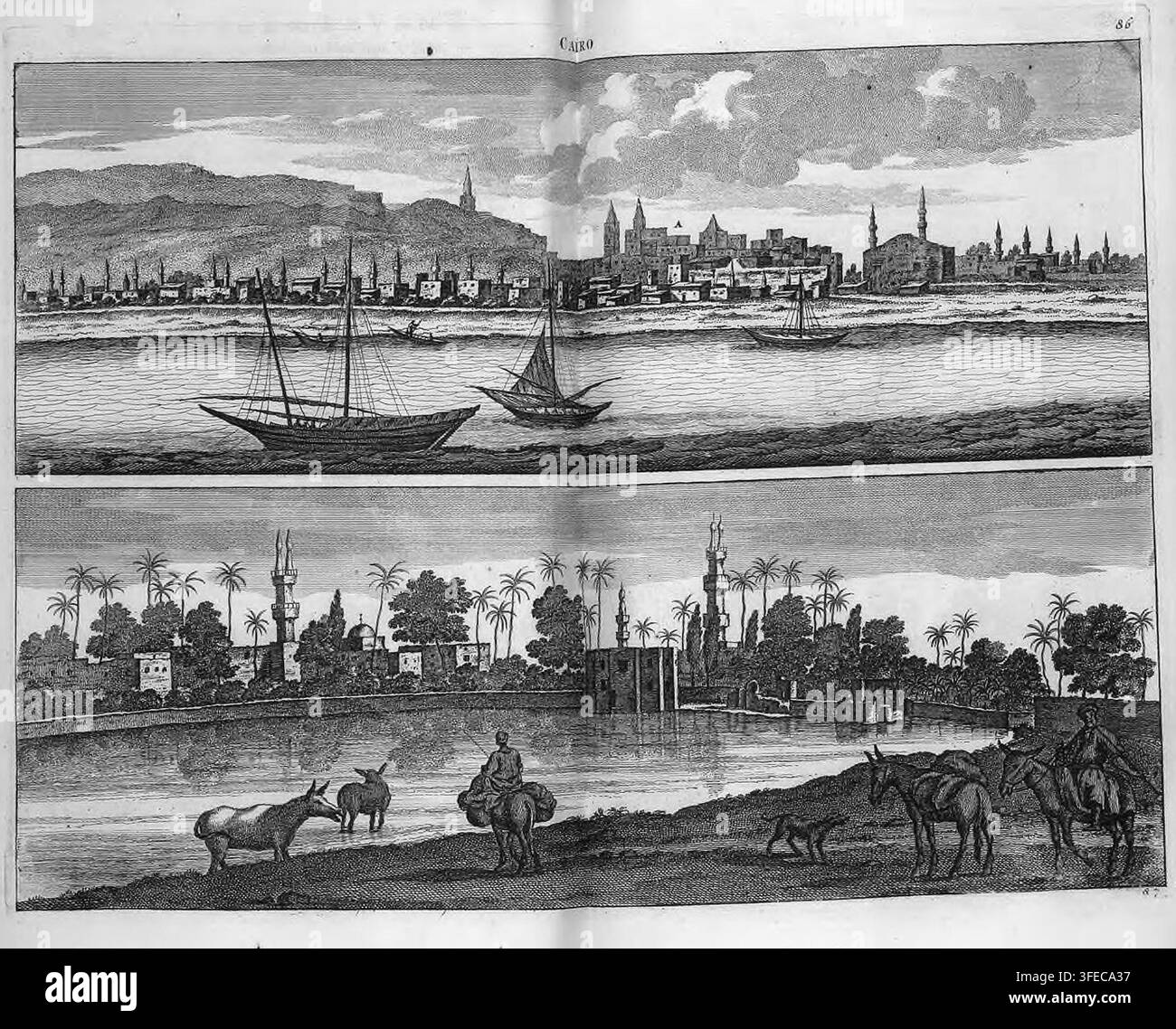 Una stampa del 1714 di Mulder, un incisore del XVII-XVIII secolo, che presenta due scene costiere, con un paesaggio urbano e navi a vela nel pannello superiore, e una riva con palme e figure nel pannello inferiore, da una pagina di libro contrassegnata "CAIRO / 86". Foto Stock