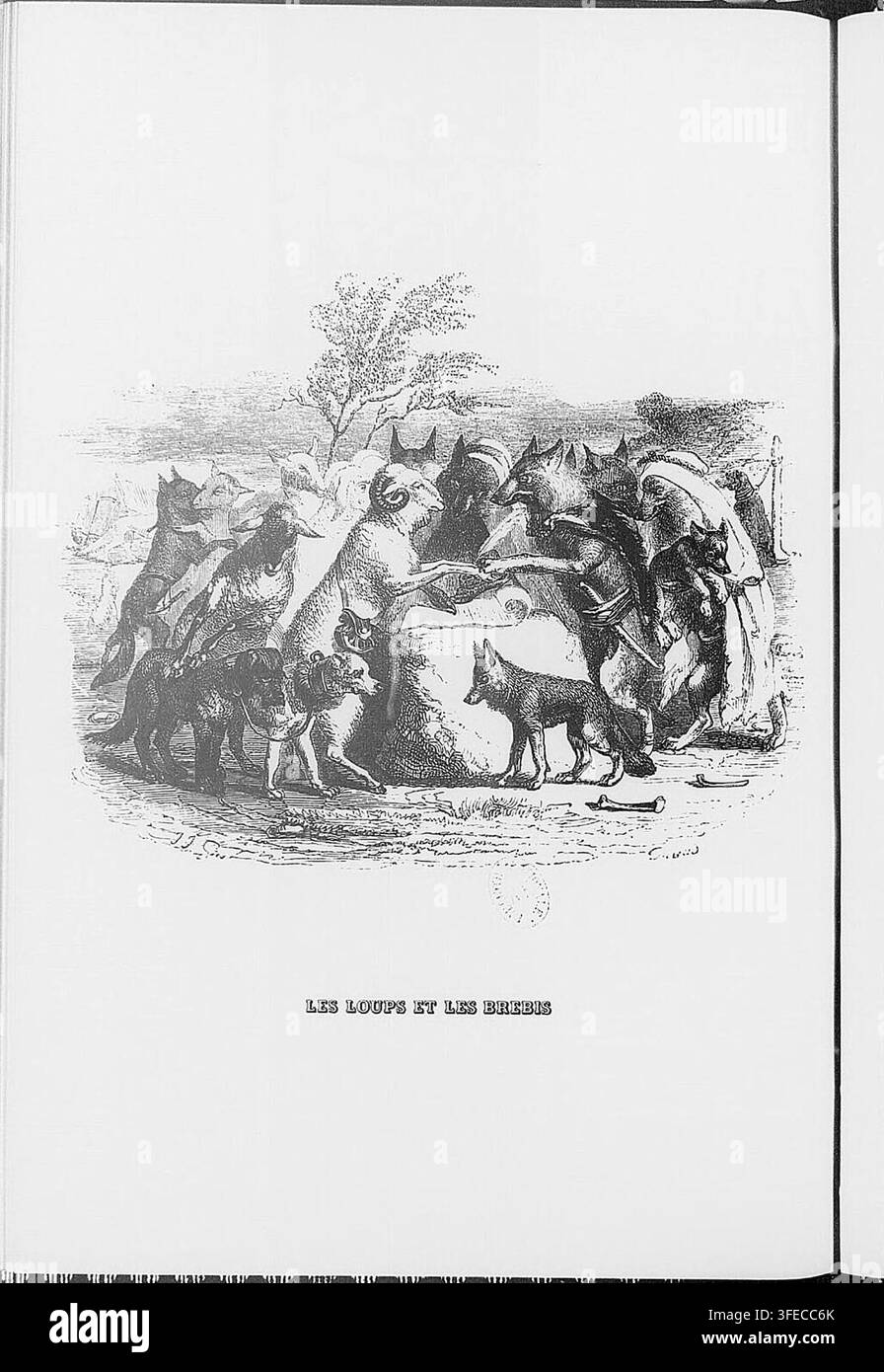 Una stampa di Grandville, illustratore francese, del 1838, che presenta una scena intitolata "LES LOUPS ET LES BREBIS", in cui animali con caratteristiche da lupo e da pecora si radunano attorno a una formazione rocciosa centrale. Foto Stock
