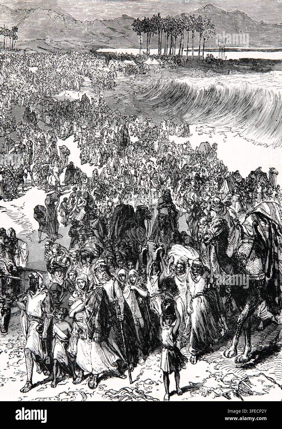 Incisione degli Israeliti che attraversano il Mar Rosso che si era aperto per dare loro un passaggio sicuro (Esodo) da un antico libro illustrato dell'Antico Testamento Foto Stock