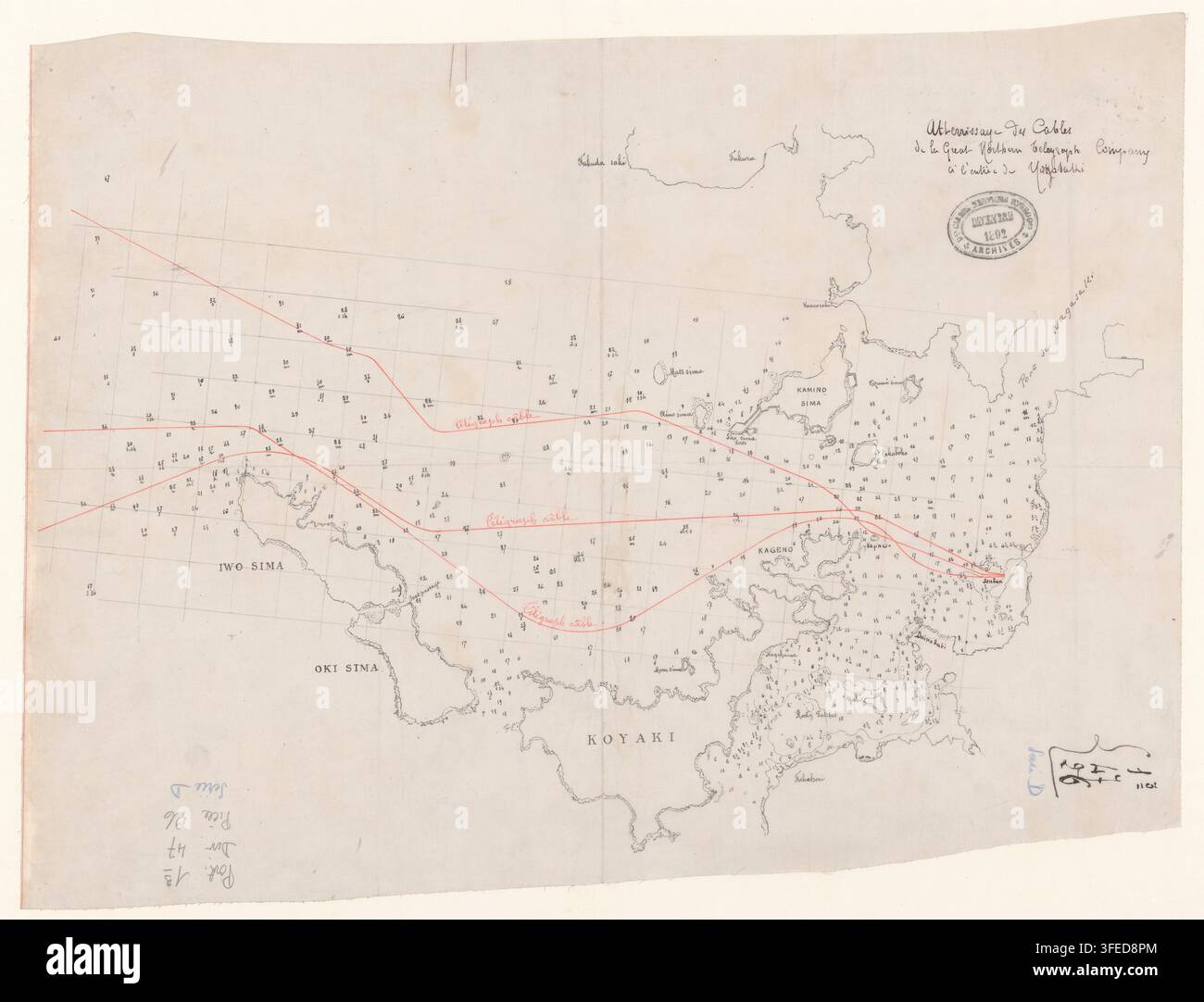 Una mappa disegnata a mano dell'area di Nagasaki, datata 1892, che mostra una rete di cavi telegrafici attraverso la massa terrestre, con regioni etichettate tra cui Iwo Sima, Oki Sima e Koyaki. Foto Stock