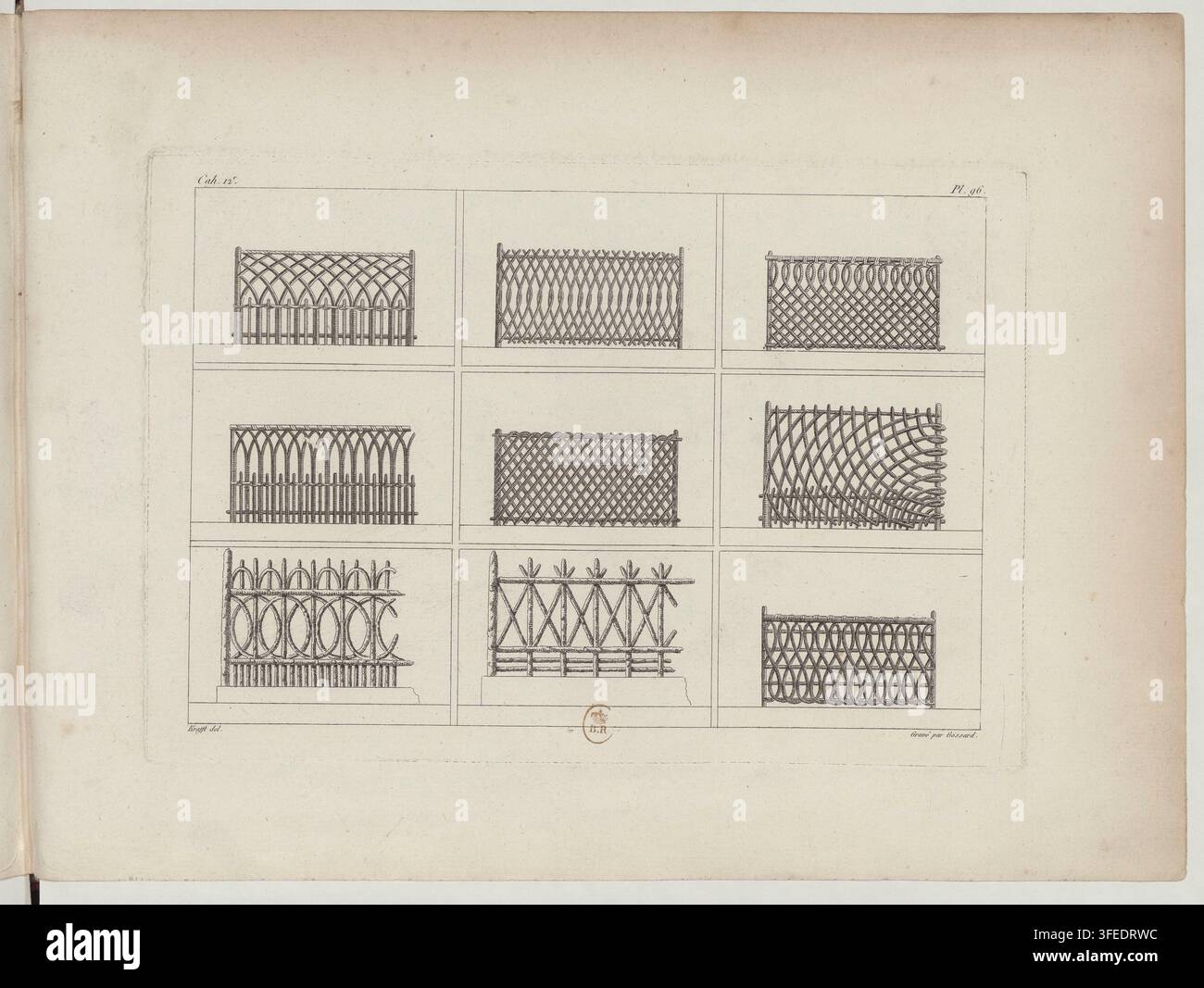 Un disegno del 1809 di Jean-Charles Krafft, un designer francese, che mostra nove pannelli di disegni di lavori metallici ornamentali, inclusi motivi a grata con archi appuntiti, barre verticali e forme intrecciate, tratto da un libro su giardini e vedute architettoniche. Foto Stock