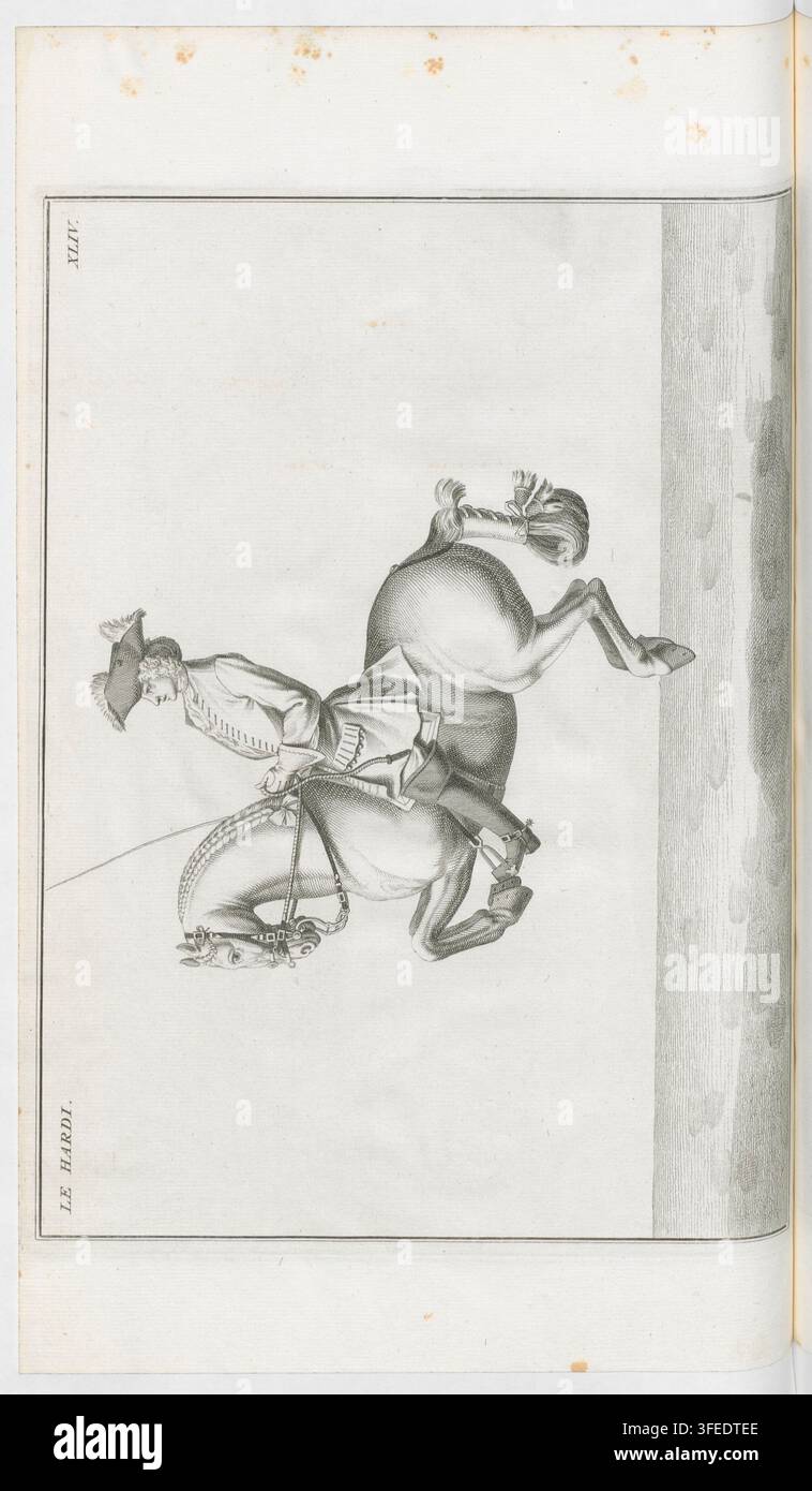 Un disegno di un uomo che cavalca un cavallo imbizzarrito, tratto da un libro sull'equitazione del Barone d'Eisenberg, pubblicato nel 1733, che mostra il cavaliere chinato all'indietro e che tiene le redini mentre le zampe anteriori del cavallo sono sollevate e quelle posteriori sono piegate. Foto Stock