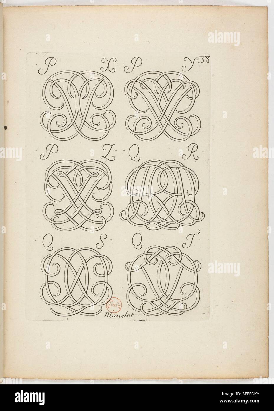 Una stampa del 1680 di Charles Mavelot, un incisore del XVII secolo, con sei disegni di monogrammi ornati in lettere intrecciate, che formano forme circolari o ovali, con piccole lettere sopra ogni disegno e un nome sotto la fila inferiore. Foto Stock