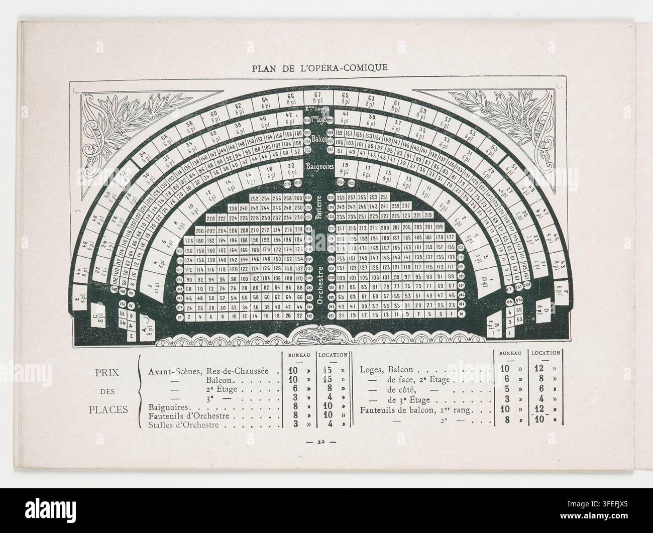 Una piantina dettagliata dell'Opéra-Comique, un teatro con disposizione semicircolare con sezioni di seduta numerate, comprese file di palchetti, balconi e aree d'orchestra, datata 1898. Foto Stock