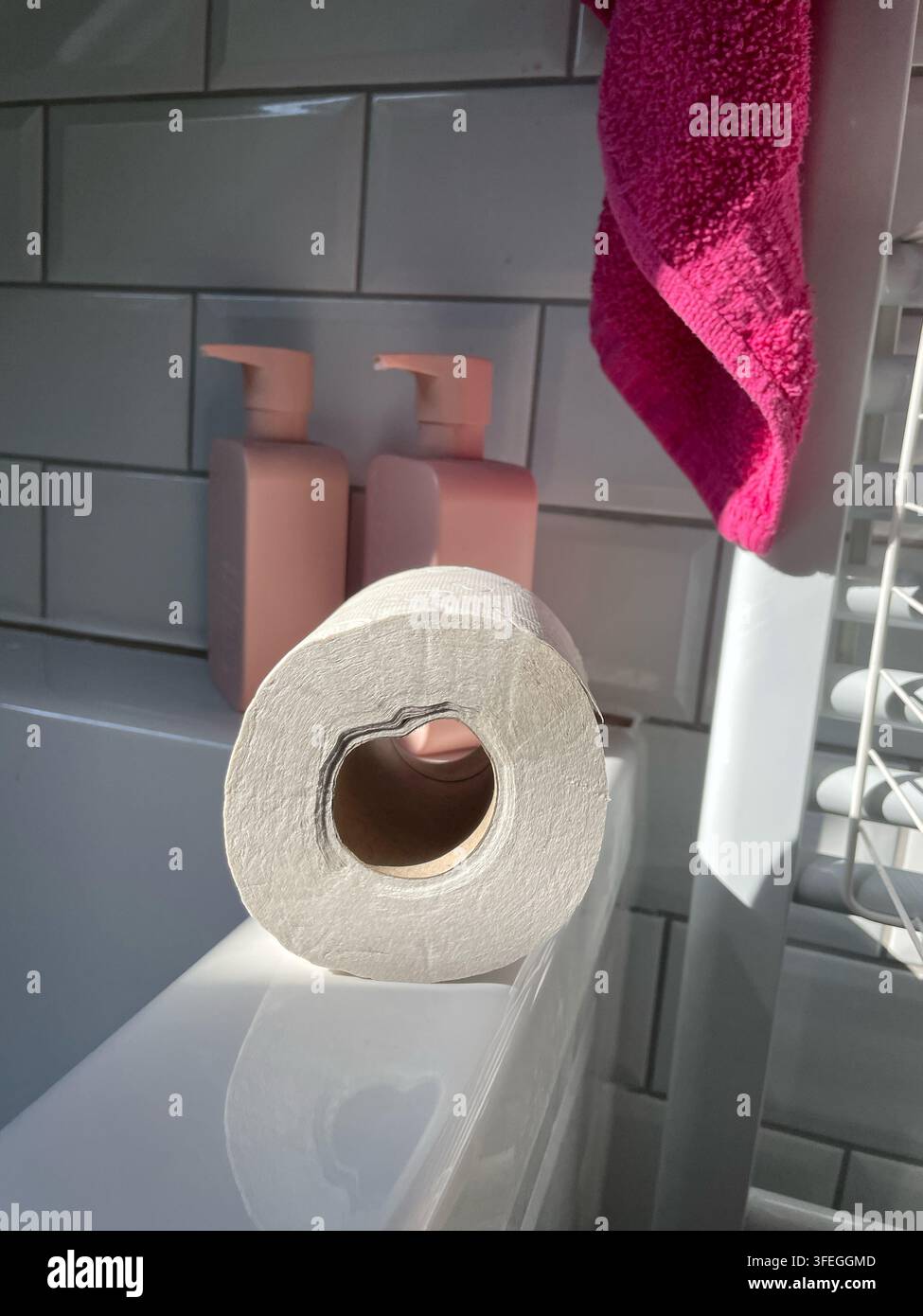 Un rotolo di carta igienica in un bagno moderno e luminoso - Immagine stock catturata con smartphone