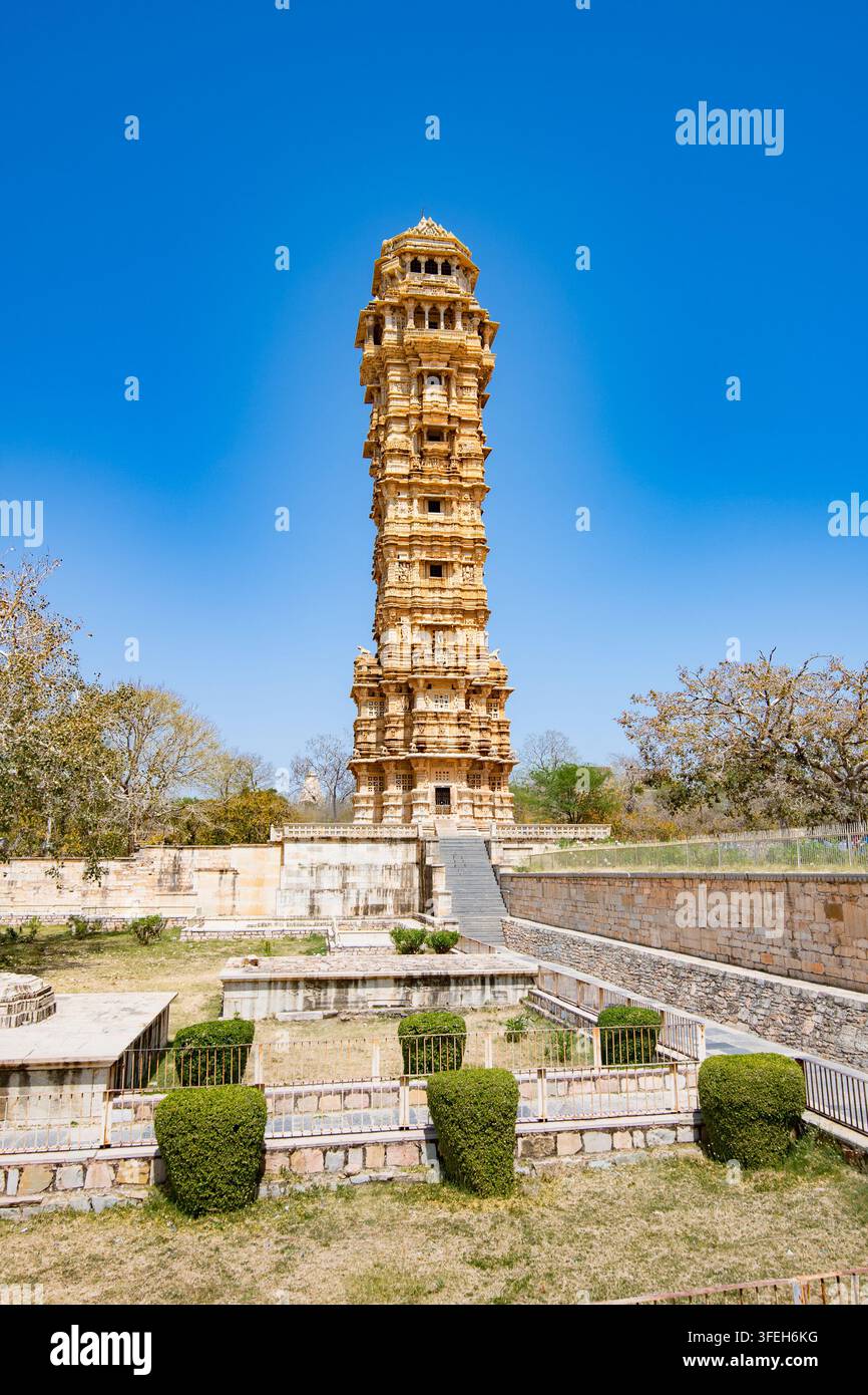 Vijay stambh, Chittorgarh Rajasthan, India, monumento storico dell'architettura Rajput e del patrimonio culturale nel Rajasthan, India Foto Stock