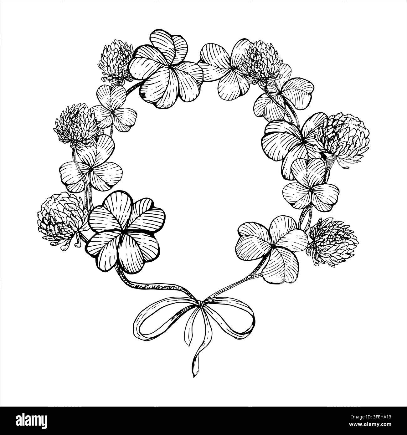 Corona di foglie e fiori di trifoglio con un fiocco di nastro, schizzo ad inchiostro vettoriale disegnato a mano. Cornice botanica in stile incisione per biglietti di auguri di San Patrizio Illustrazione Vettoriale