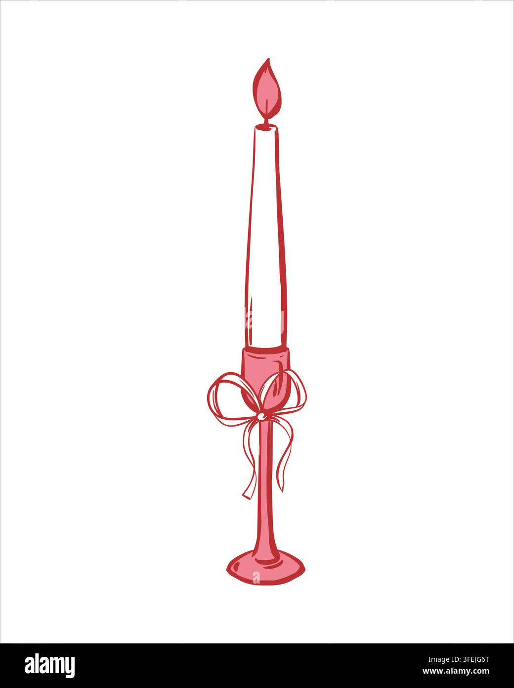 Schizzo di una candela decorata con un fiocco. Una candela accesa in un portacandele crea un'atmosfera festosa, romantica o accogliente a casa. Illustrazione vettoriale disegnata a mano. Clip art retrò in stile coquette. Illustrazione Vettoriale