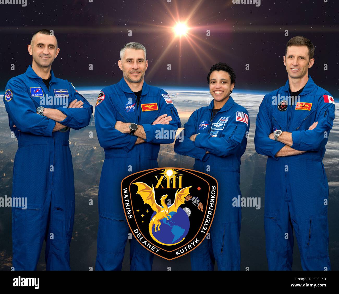 Ritratto ufficiale della NASA della missione SpaceX Crew-13 verso la Stazione Spaziale Internazionale: Sergey Teteryatnikov, Luke Delaney, Jessica Watkins e Joshua Kutryk Foto Stock