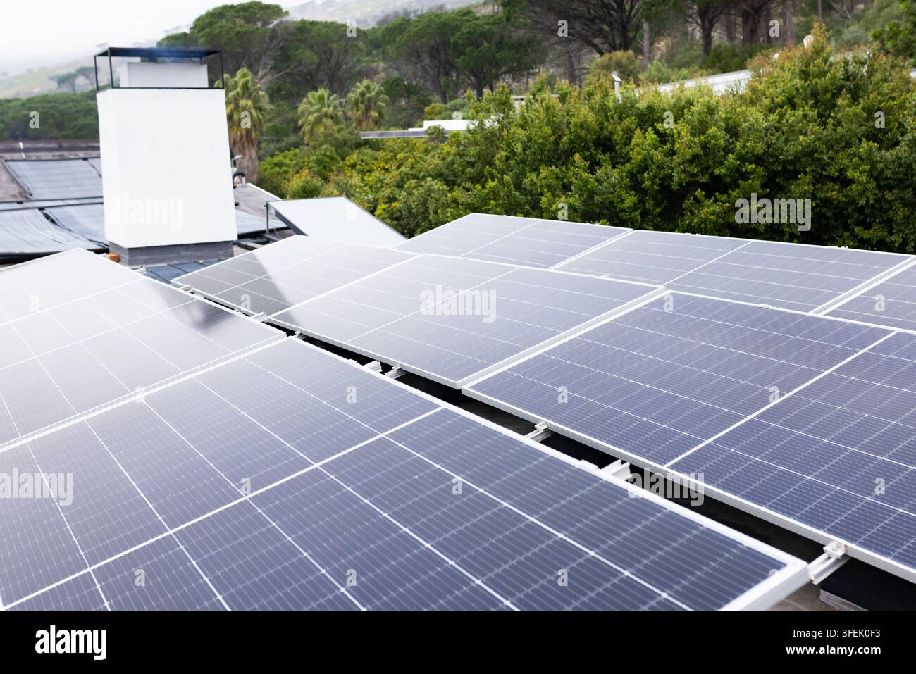Panelli solari blu scuro vengono montati su binari sul tetto, con camino bianco e linea di alberi nebbiosa Foto Stock