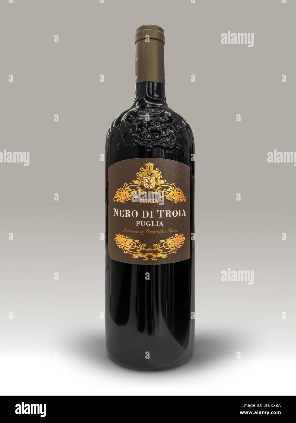 Italia - 20 agosto 2026: Bottiglia classica di Nero di Troia Puglia IGT vino rosso con un'elegante etichetta marrone e oro con dettagli ornamentali, su un morbido Foto Stock