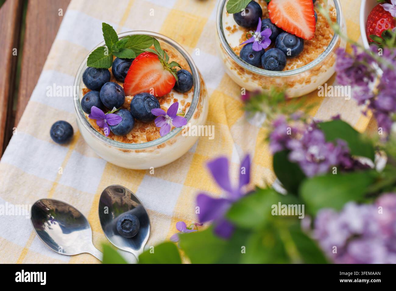 Desserti al cheesecake ai frutti di bosco estivi su un tavolo da picnic Foto Stock