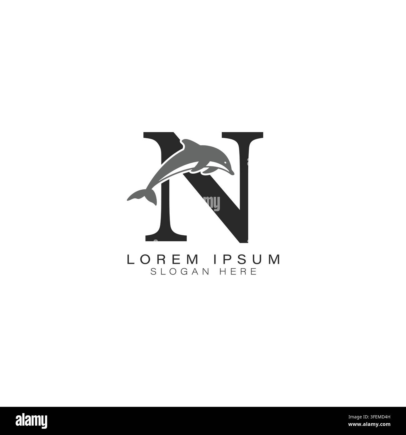 Logo con lettera N e arte del delfino. Design dell'icona alfabeto N delfino Illustrazione Vettoriale