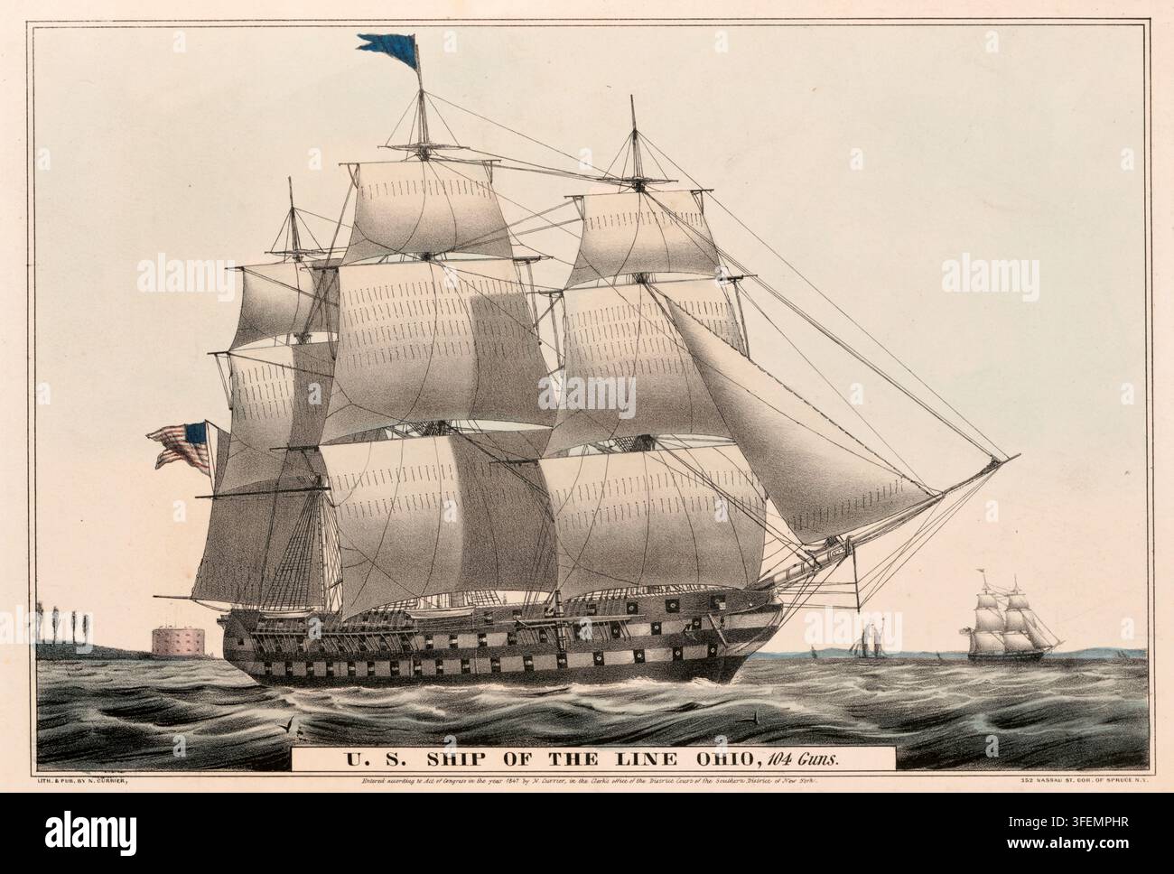 Litografia storica colorata a mano della nave da linea americana Ohio da 104 cannoni. La potente nave a vela è raffigurata completamente armata su mari agitati, con una bandiera americana a poppa. Navi più piccole e linee costiere sono visibili in secondo piano. 1822, storia americana, autentica, riproduzione restaurata digitalmente da un originale del XIX secolo, data esatta della rappresentazione sconosciuta, storica. Foto Stock