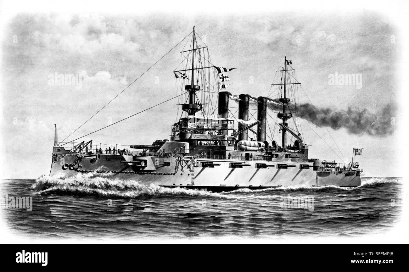 La storica corazzata americana USS Missouri (BB-11) della classe Maine. Era una delle navi che tra il 1907 e il 1909 ha circumnavigato il globo come parte della famosa Grande Flotta Bianca sotto la presidenza di Theodore Roosevelt. Storia americana, autentica, riproduzione digitalmente restaurata da un originale del XIX secolo, data esatta della rappresentazione sconosciuta. Storico Foto Stock