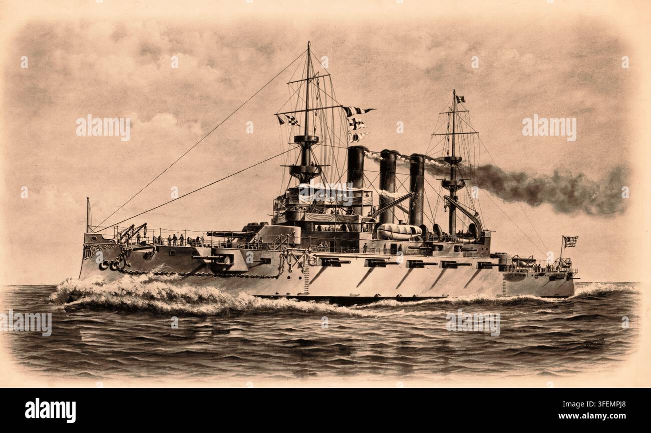 La storica corazzata americana USS Missouri (BB-11) della classe Maine. Era una delle navi che tra il 1907 e il 1909 ha circumnavigato il globo come parte della famosa Grande Flotta Bianca sotto la presidenza di Theodore Roosevelt. Storia americana, autentica, riproduzione digitalmente restaurata da un originale del XIX secolo, data esatta della rappresentazione sconosciuta. Storico Foto Stock