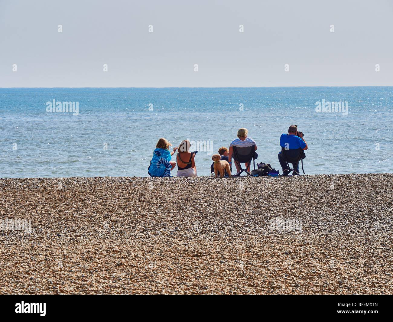 Famiglia e amici che si rilassano su una spiaggia di ciottoli sul mare con il cane in una giornata di sole Foto Stock