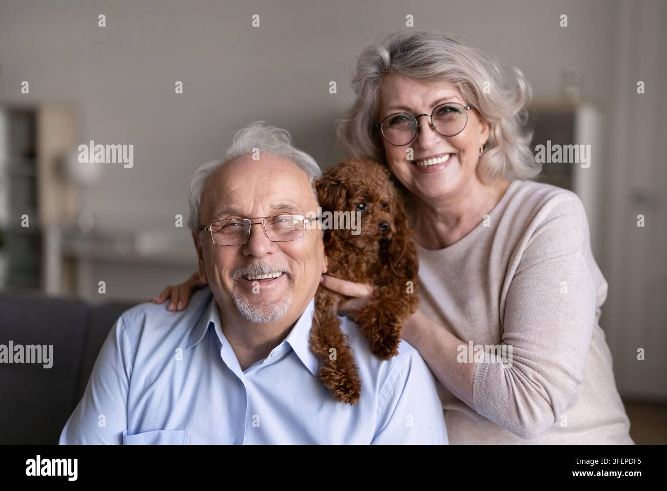 Ritratto di una coppia di anziani felici e di un adorabile barboncino al chiuso Foto Stock