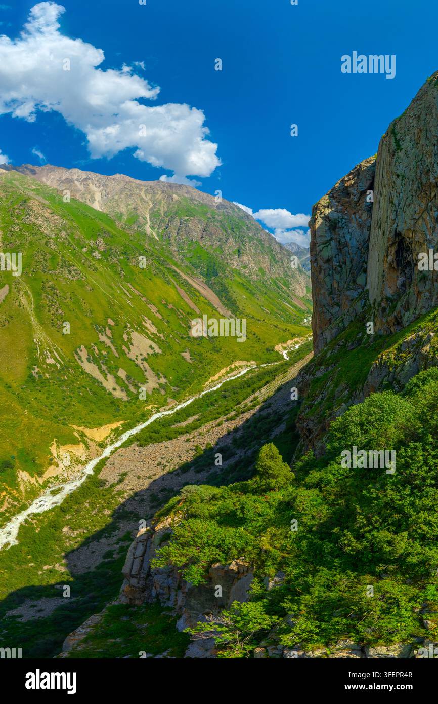 Veduta aerea che cattura un'ampia valle montana con un fiume tortuoso che scorre attraverso una vegetazione lussureggiante. Un cielo blu brillante e scogliere rocciose esaltano il paesaggio selvaggio Foto Stock