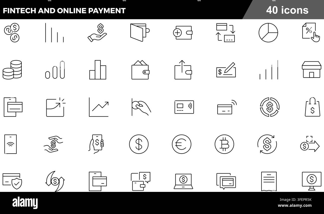 Set di illustrazioni vettoriali con 40 icone lineari di fintech e pagamenti online che includono portafoglio digitale, carta di credito, pagamento contactless e criptovaluta. Illustrazione Vettoriale