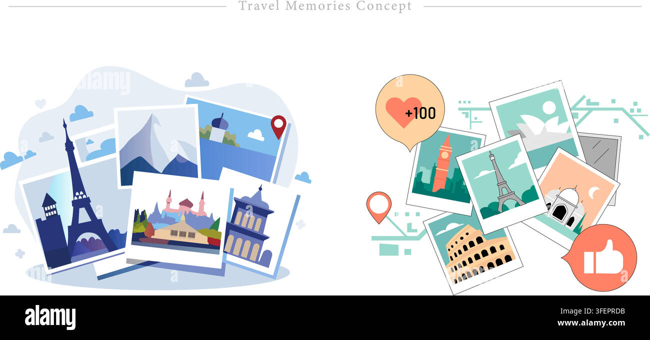 Set di illustrazioni vettoriali sul concetto di ricordi di viaggio con istantanee fotografiche Polaroid, Torre Eiffel, Colosseo, Taj Mahal, spilla di localizzazione e icona di like Illustrazione Vettoriale
