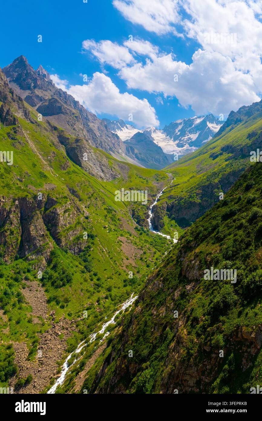 Una vista aerea cattura cime innevate che si ergono su una valle verdeggiante. Un fiume sinuoso scorre attraverso il paesaggio sereno sotto un cielo blu brillante. Foto Stock