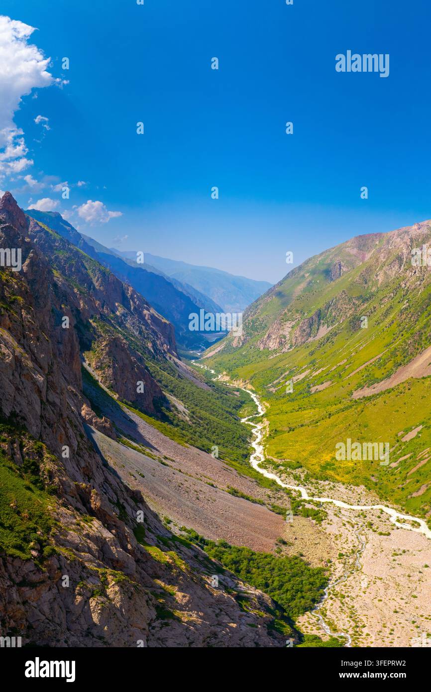 Vista aerea che cattura una vasta valle montana con pendici rocciose e un fiume tortuoso. La vegetazione verde rigogliosa esalta la bellezza naturale di questo ambiente incontaminato Foto Stock