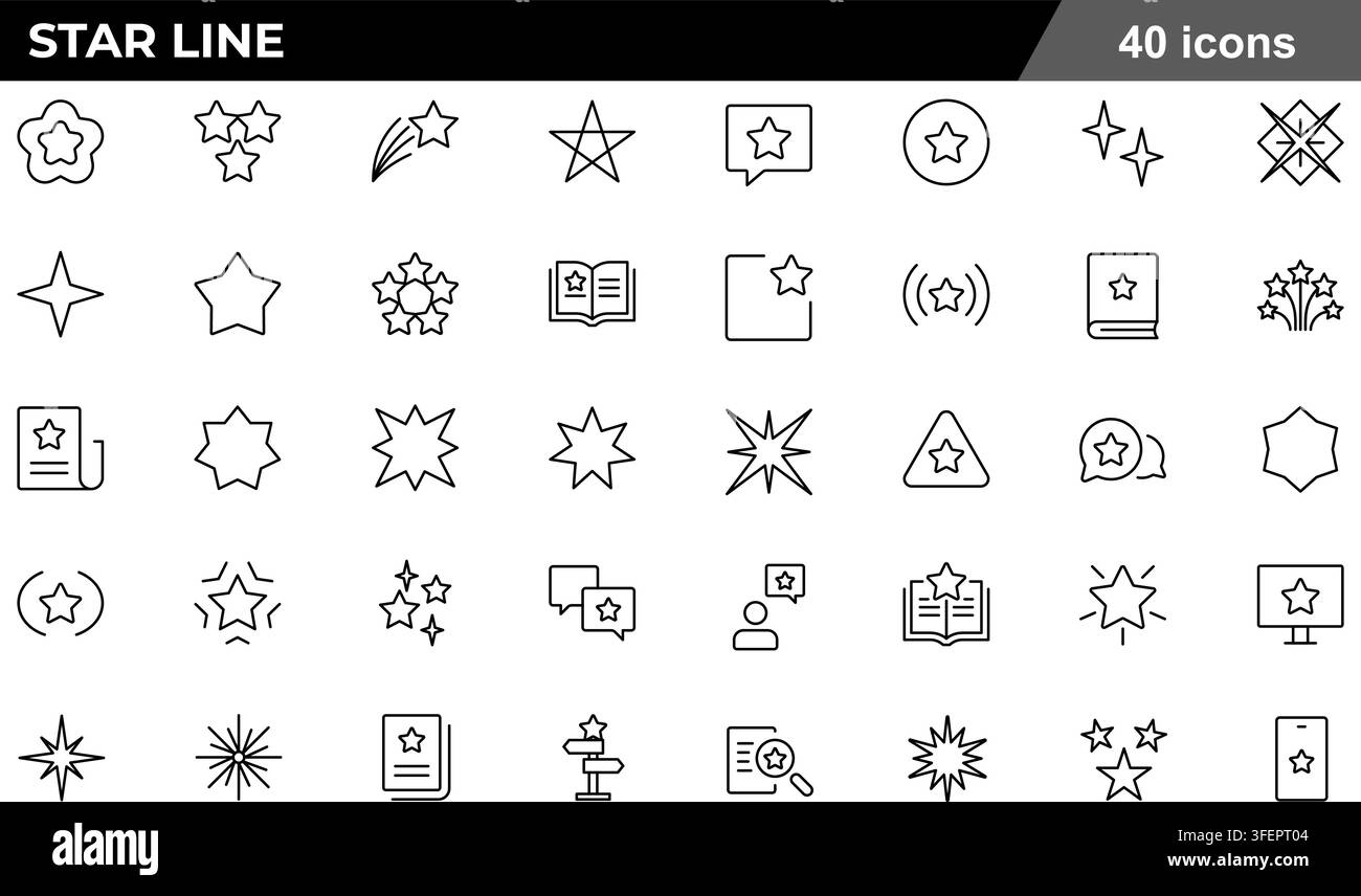 Set di illustrazioni vettoriali di 40 icone lineari a forma di stella con stella cadente, scintilla, segnalibro preferito, bolla di recensione della valutazione, badge di premio e geometria. Illustrazione Vettoriale