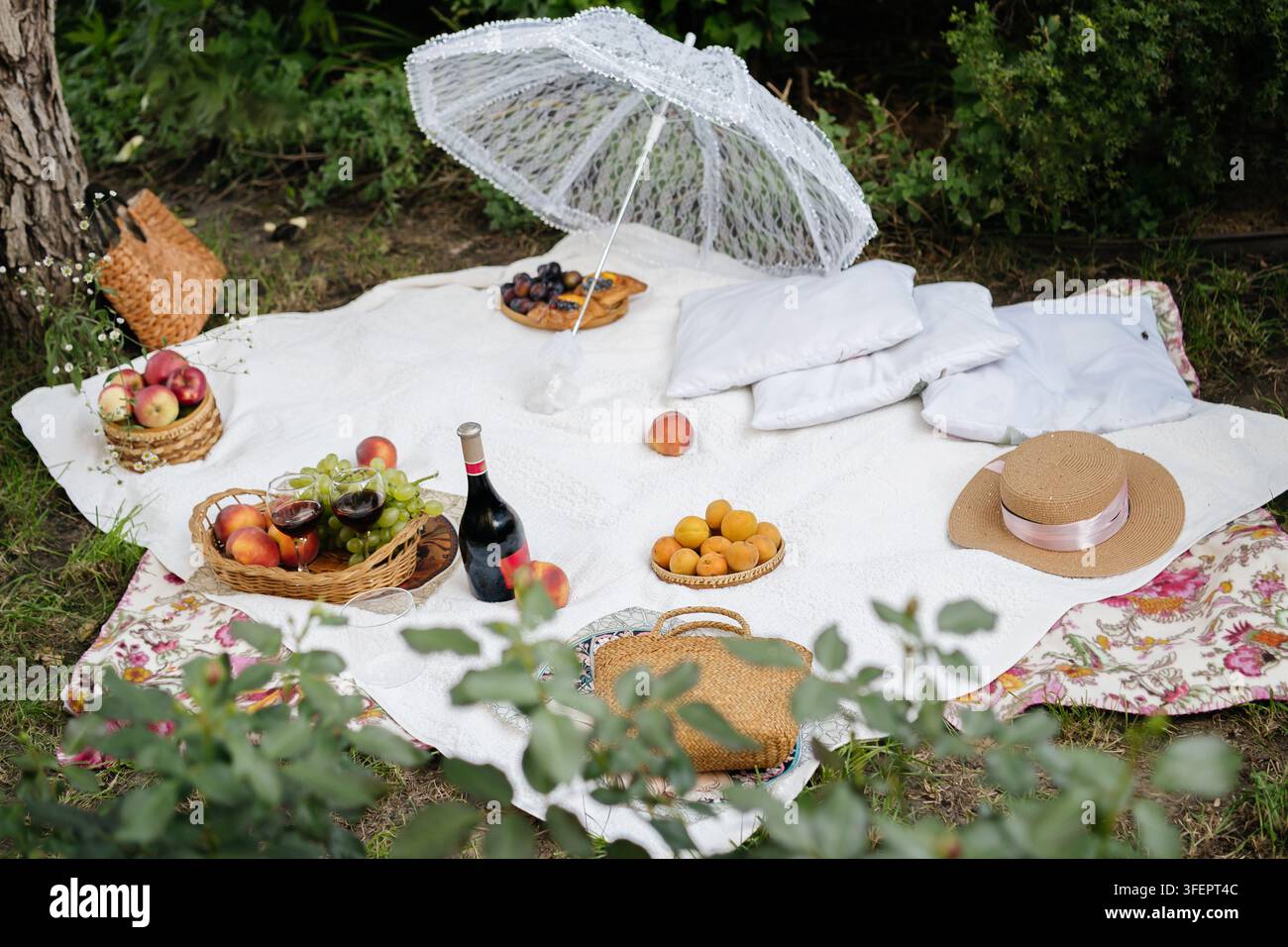 Picnic estivo disposto su una coperta bianca sotto un albero: cesti di mele, pesche e uva, albicocche su un piatto di legno, una bottiglia di vino rosso, uno str Foto Stock