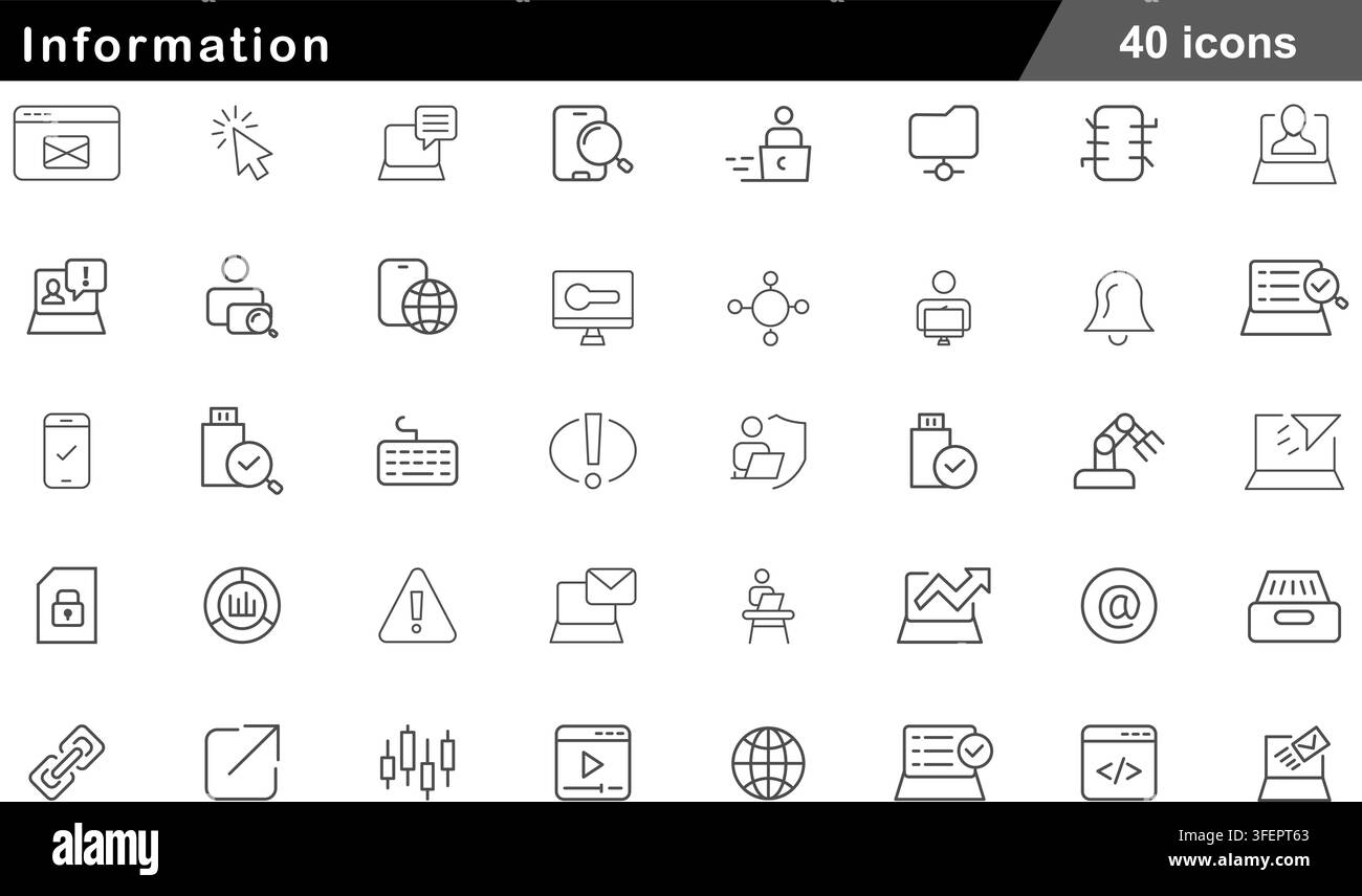 Set di illustrazioni vettoriali di 40 icone informative con cursore del mouse, dati di rete, e-mail su laptop, globo, sicurezza e comunicazione digitale. Illustrazione Vettoriale