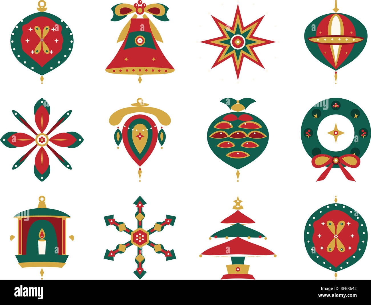 Set di decorazioni natalizie e icone festive su sfondo bianco Illustrazione Vettoriale