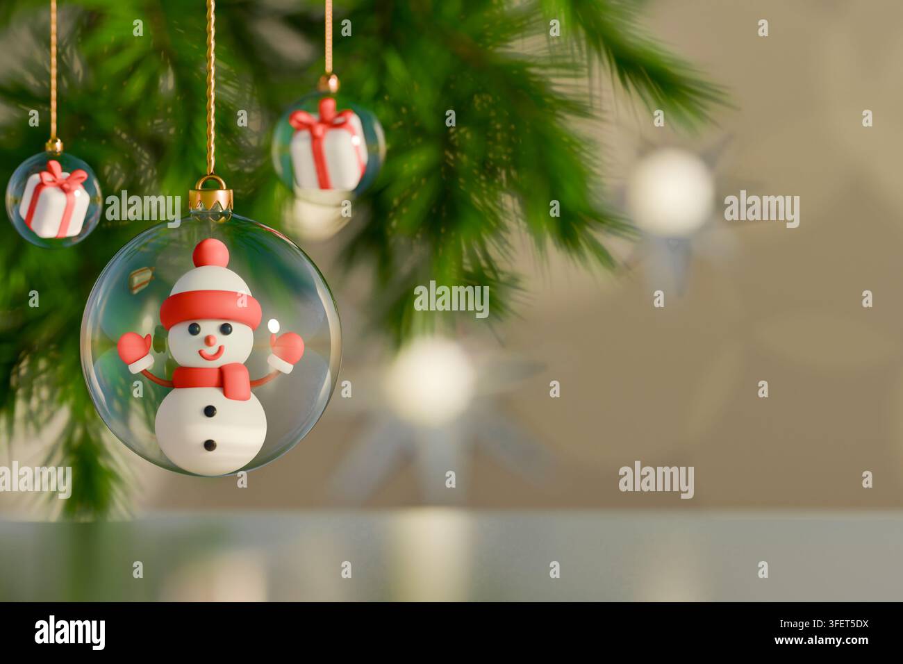 Banner natalizio 3D con palline di vetro appese a un abete. Modello di biglietto per le vacanze invernali con pupazzo di neve e scatole regalo all'interno degli ornamenti e spazio per il testo o Foto Stock