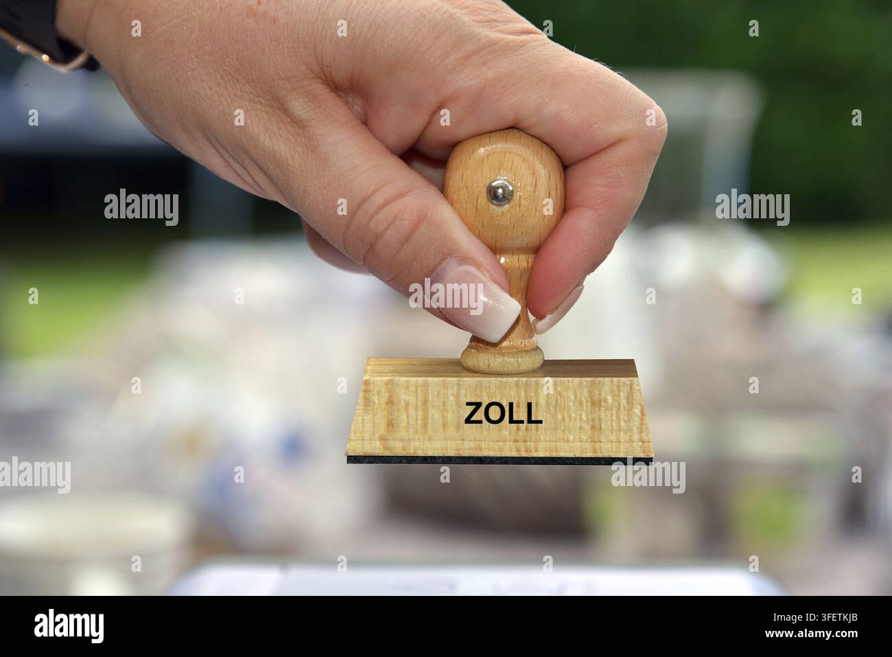 Timbro, timbro di legno, iscrizione, usanze, studio, Bassa Sassonia, Repubblica Federale di Germania Foto Stock