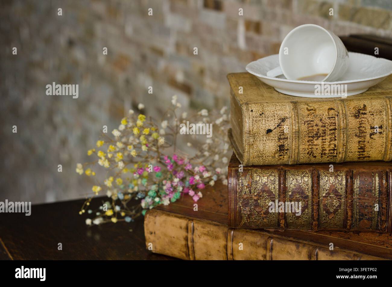 Tazza da tè bianca e piattino appoggiati su una pila di libri rilegati in pelle antichi con piccoli fiori secchi accanto. Foto Stock