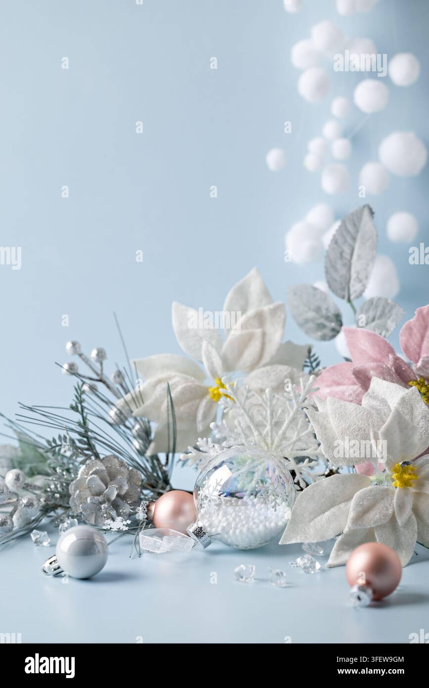Composizione floreale verticale natalizia con poinsettie bianche e rosa su sfondo blu per auguri di Capodanno o design festivo Foto Stock