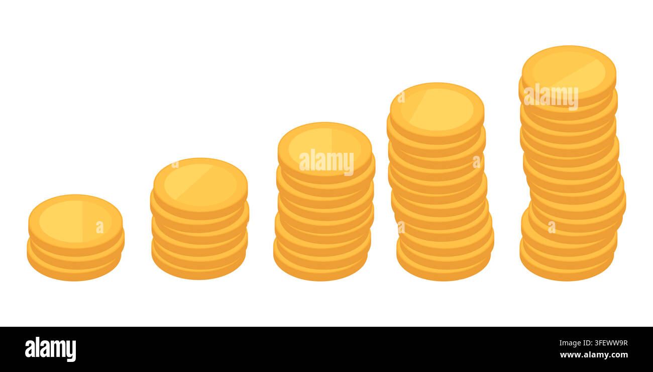 Pila crescente isometrica di monete d'oro vettore concetto di successo e profitto finanziario Illustrazione Vettoriale