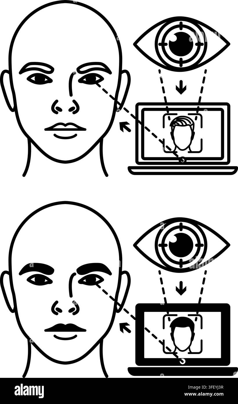 Icone di controllo del tracciamento oculare. Illustrazioni vettoriali a linea e glifi. Tecnologia assistiva per persone disabili, interazione mediante lo sguardo e computer a controllo oculare Illustrazione Vettoriale