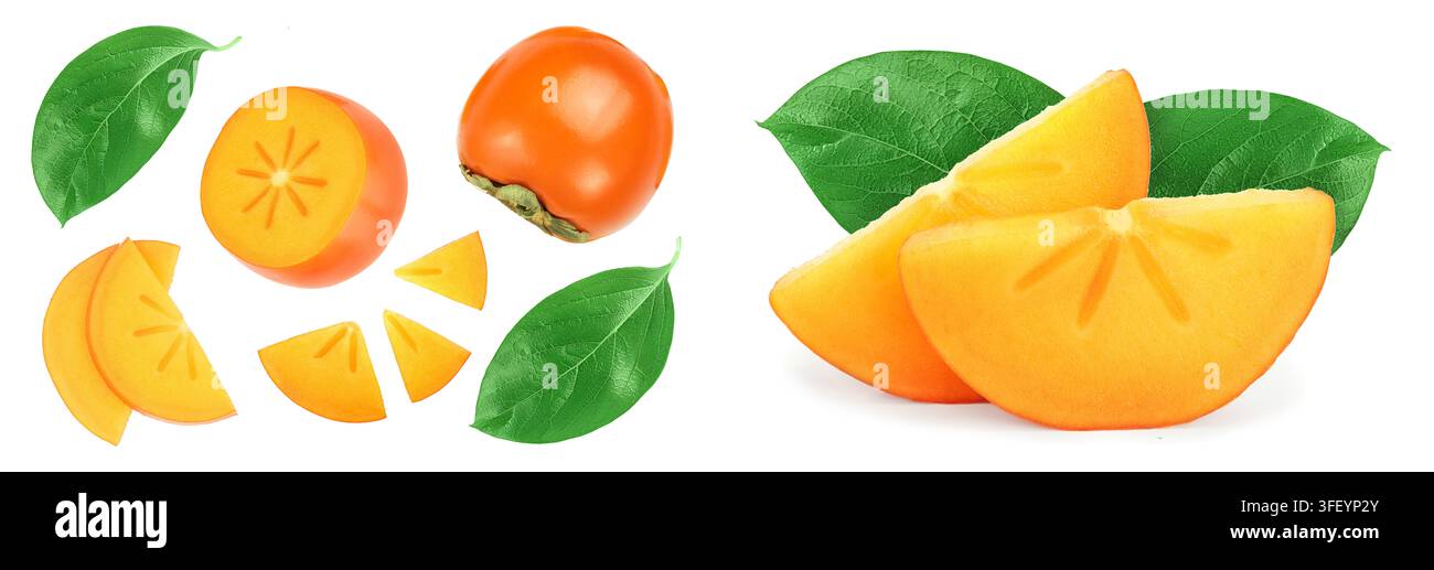 Fetta di persimmon isolato su sfondo bianco con copia spazio per il tuo testo. Vista dall'alto. Piatto modello di laici Foto Stock
