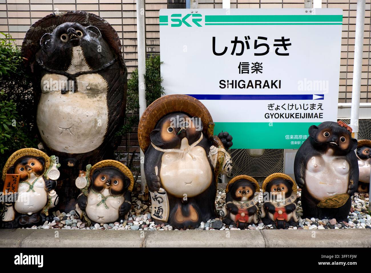 Statue di tanuki giapponesi (タヌキ, 狸, cane procione) in piedi sulla banchina della stazione ferroviaria ad accogliere i visitatori nella città di ceramica di Shigaraki a Shiga, Giappone. Foto Stock