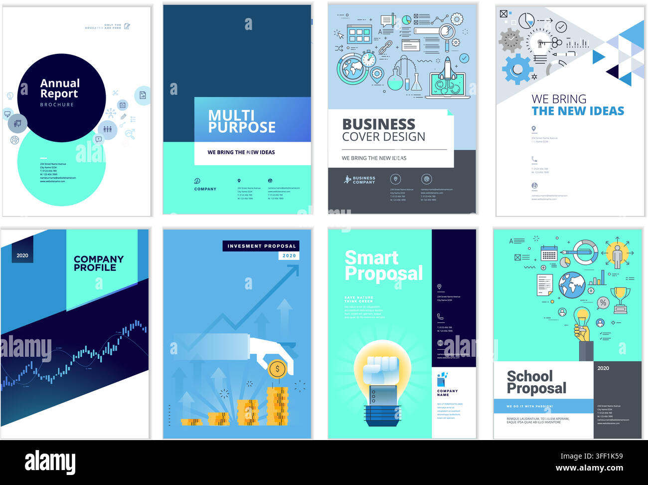 Set di illustrazioni vettoriali di brochure di rapporti annuali, modelli multiuso e proposte commerciali con design moderni di copertine per layout aziendali. Illustrazione Vettoriale
