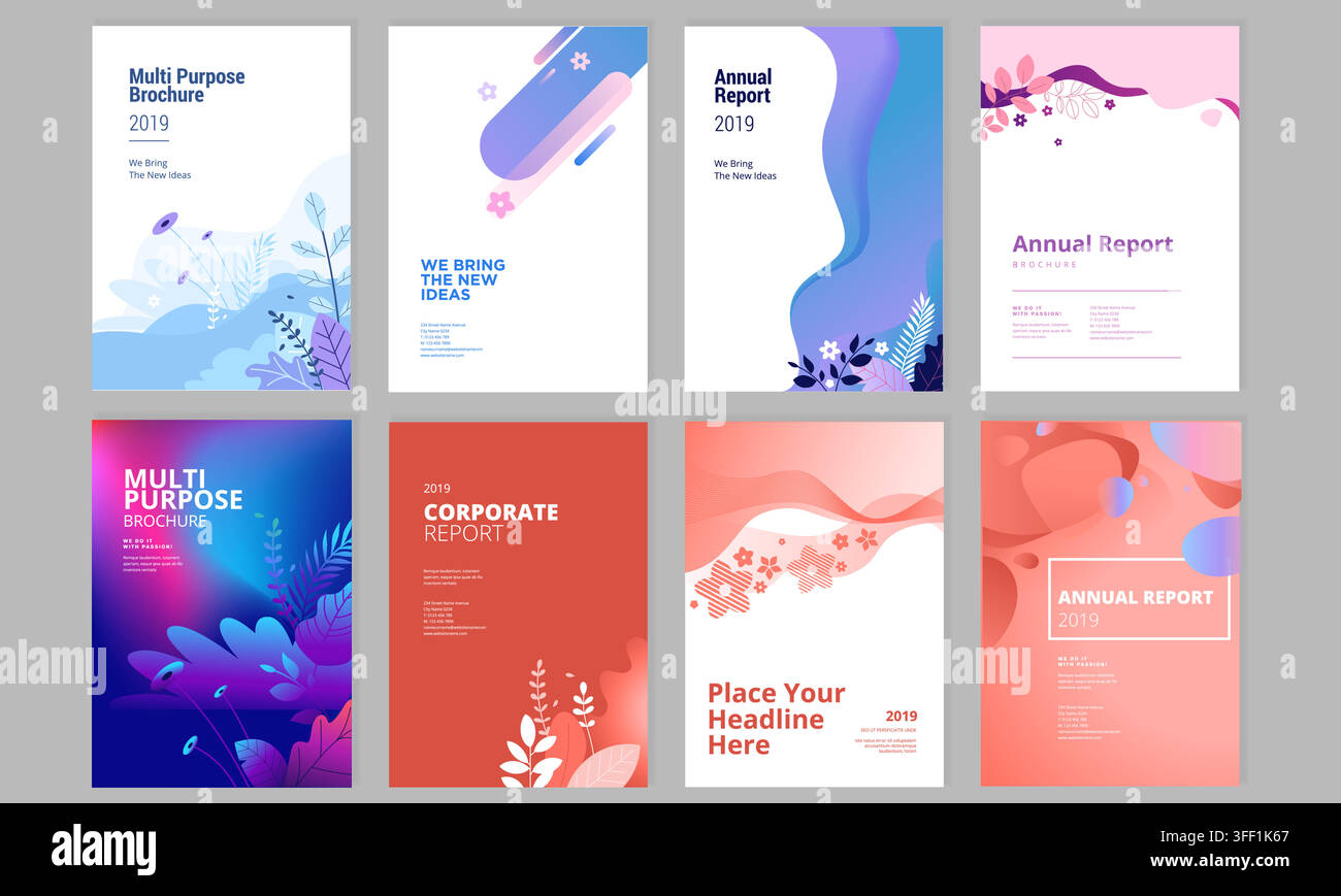 Set di illustrazioni vettoriali di rapporti annuali e brochure multiuso con layout aziendali moderni, forme astratte ed elementi di design floreali. Illustrazione Vettoriale
