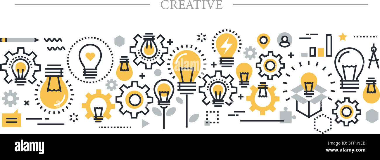 Set di illustrazioni vettoriali di concetto di idea creativa con lampadine luminose, meccanismi a ingranaggi, scatola del pensiero, strumenti da disegno e simboli di innovazione. Illustrazione Vettoriale