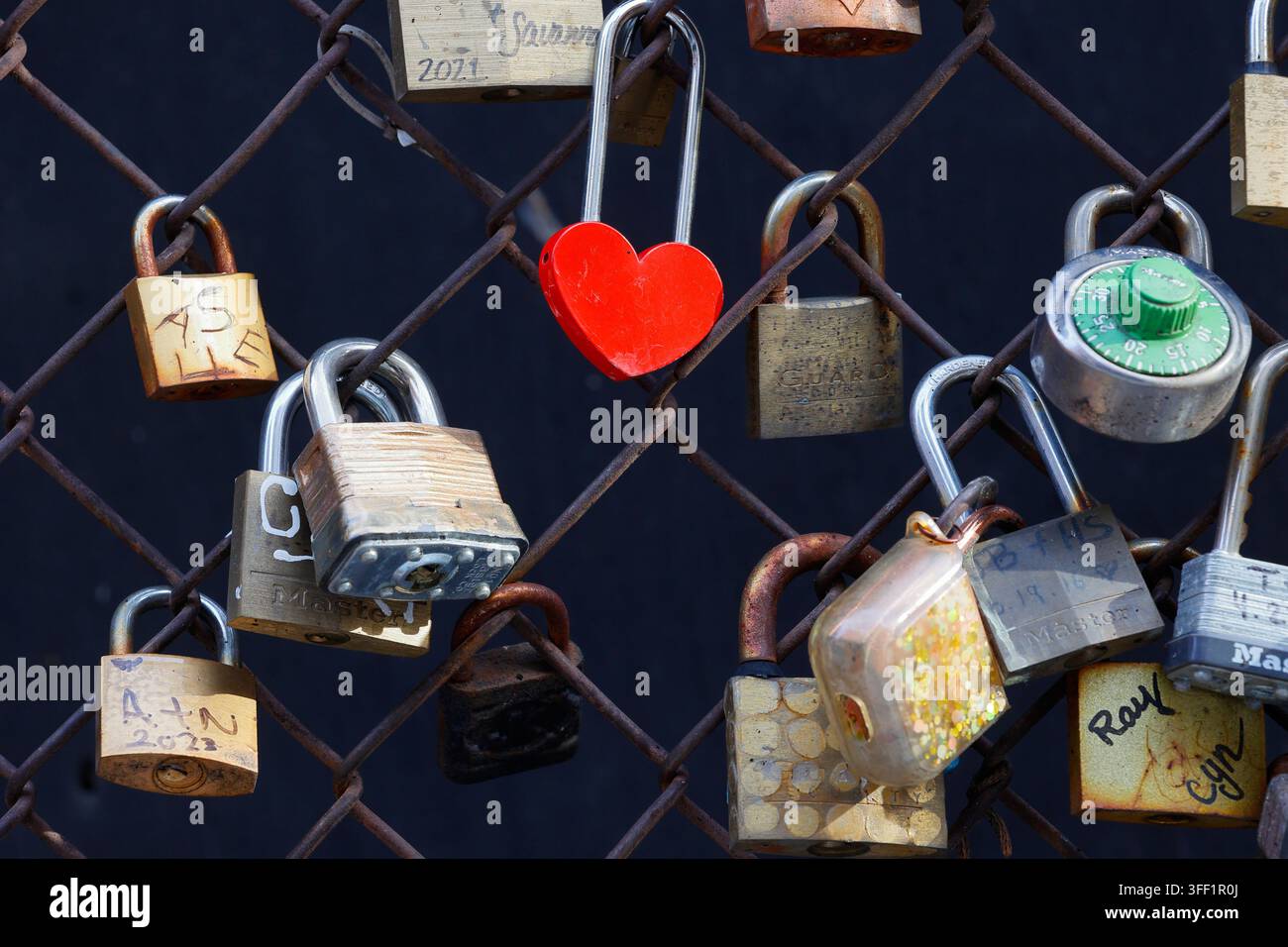 Lucchetti dell'amore e assortiti lucchetti legati a una recinzione. spazzatura Foto Stock