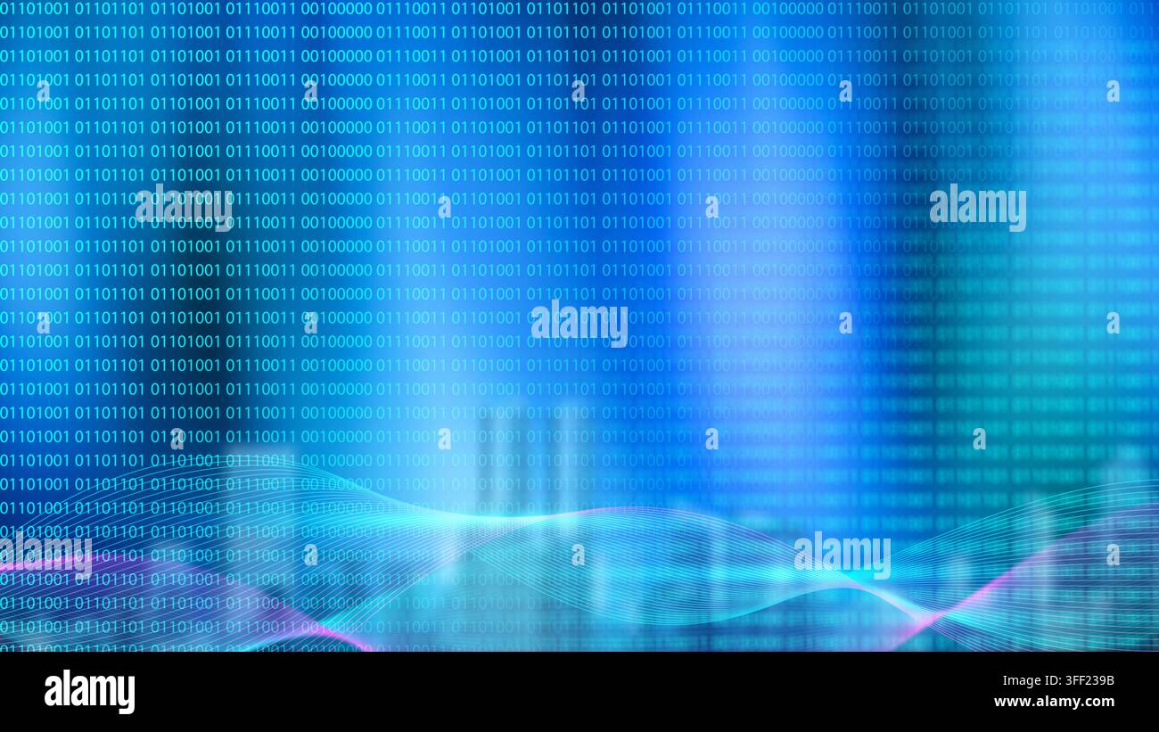 Sfondo tecnologico digitale blu astratto con codice binario, onde luminose e design futuristico del flusso di dati. Concetto di programmazione o tecnologia Foto Stock