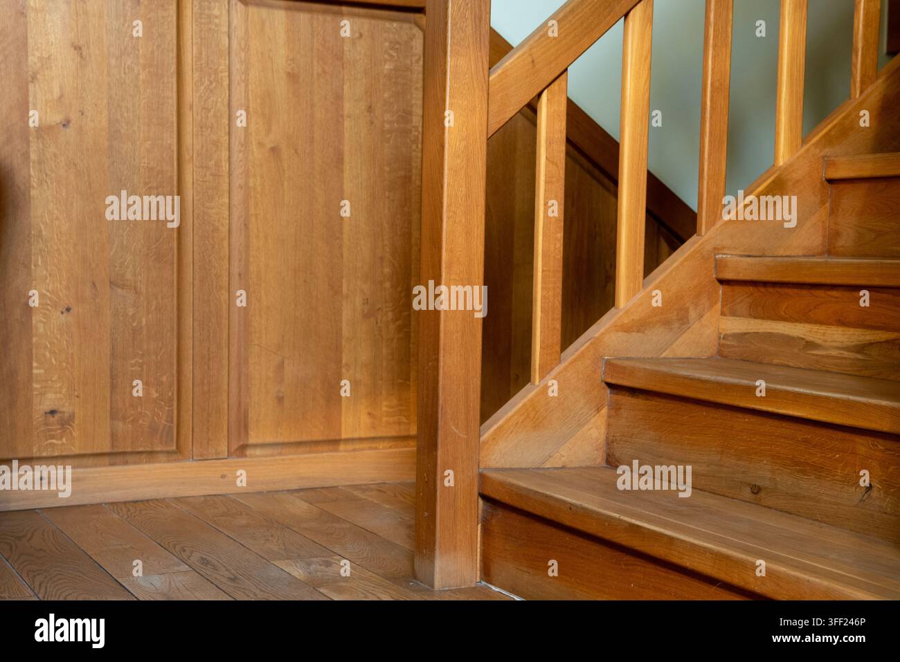 Primo piano di una scala in legno con balaustri torniti, montante e pannellatura in quercia, che mette in risalto la ricca venatura naturale del legno e l'artigianalità Foto Stock