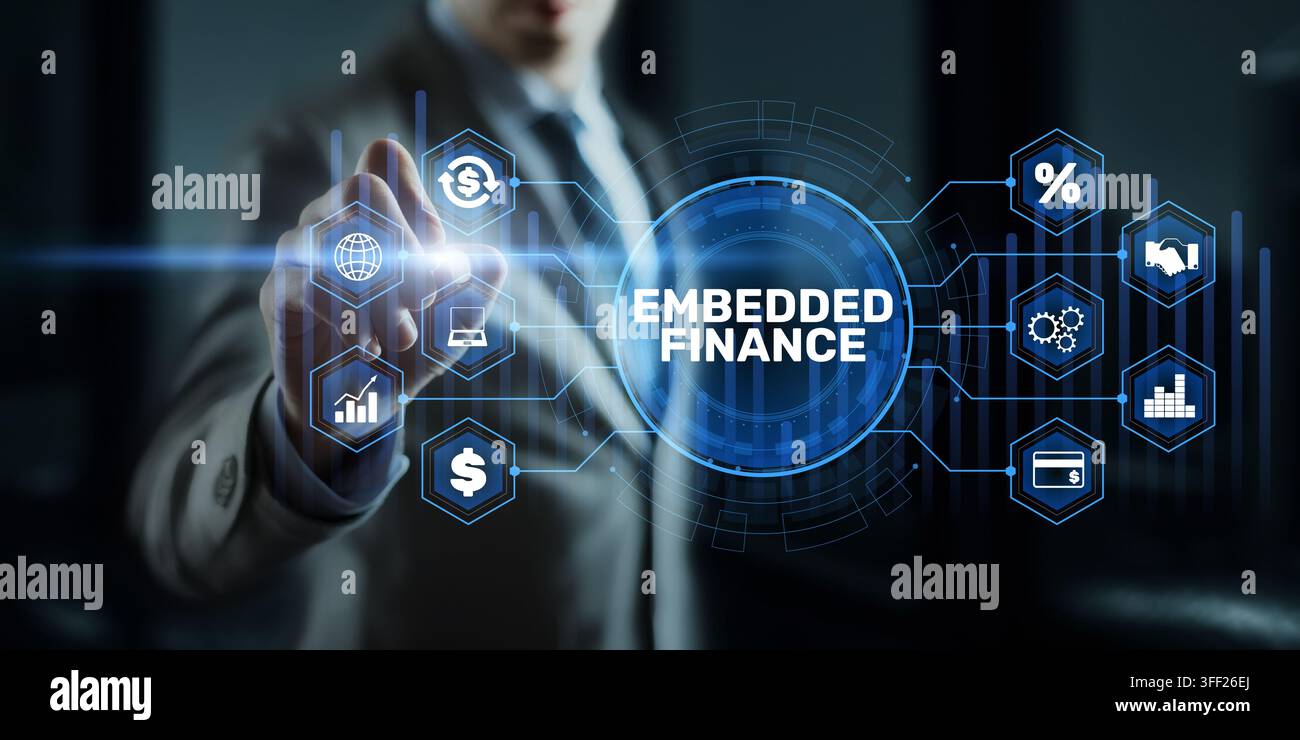 Piattaforma finanziaria incorporata per l'integrazione dei pagamenti aziendali con icone finanziarie e interazione manuale Foto Stock