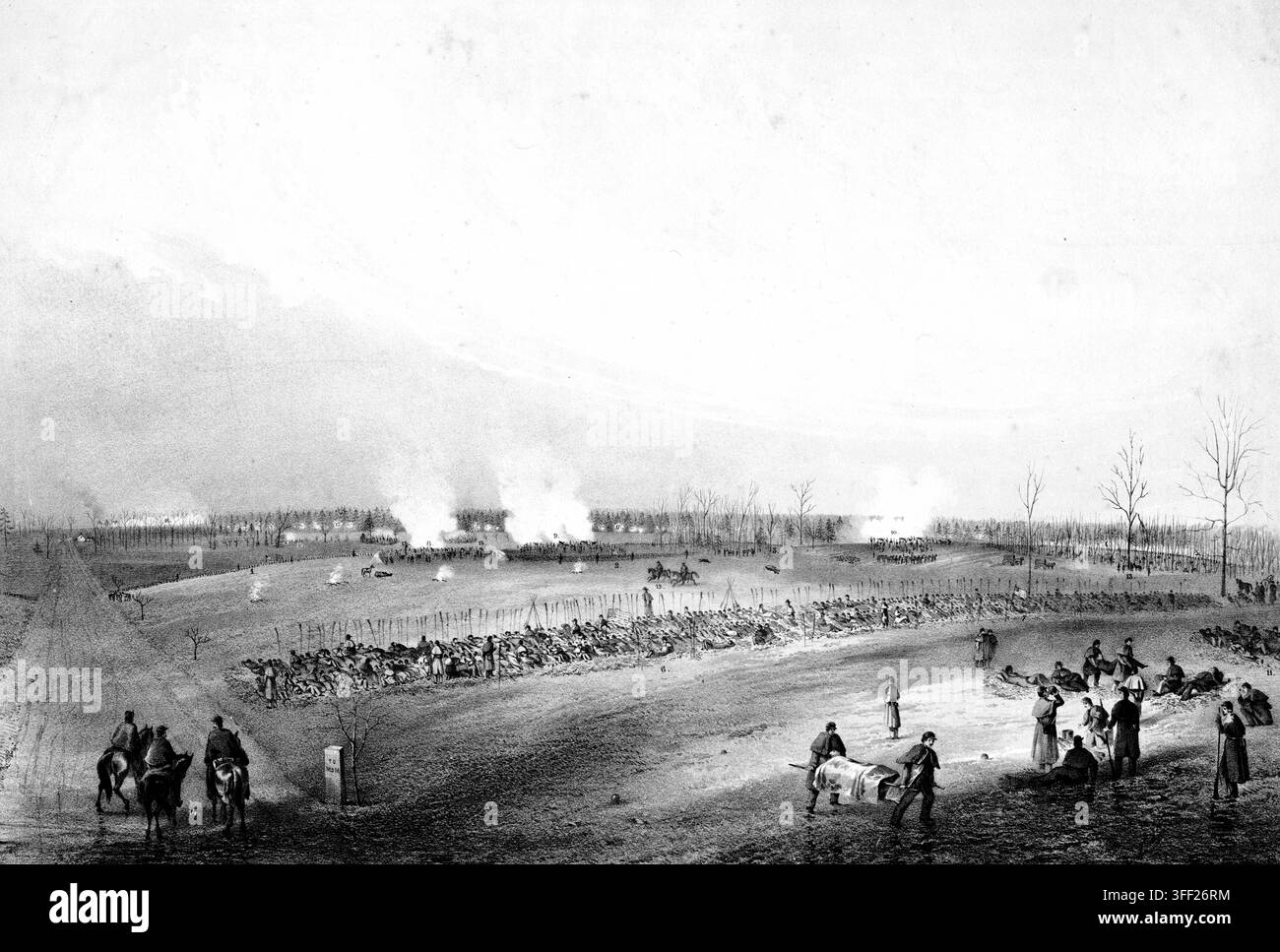 Questa litografia storica mostra l'attacco delle truppe dell'Unione sotto il generale James S. Negley attraverso il fiume Stones durante la battaglia di Murfree Foto Stock