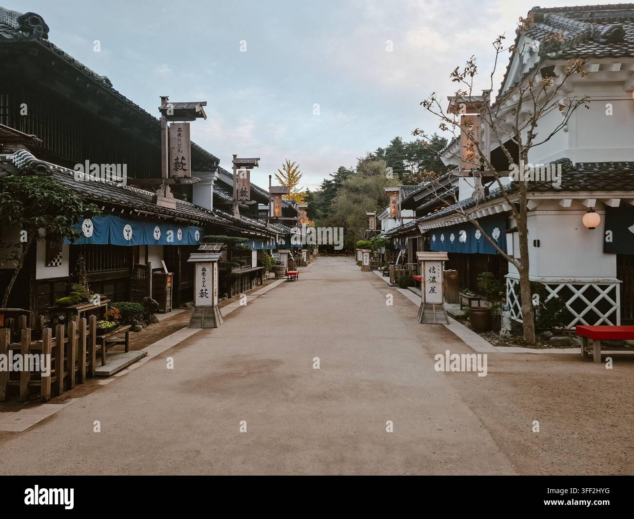 Nikko, Tochigi, Giappone - 29 agosto 2026: Vista della storica strada in stile Edo a Nikko con edifici tradizionali in legno, tende noren blu e lanterne Foto Stock